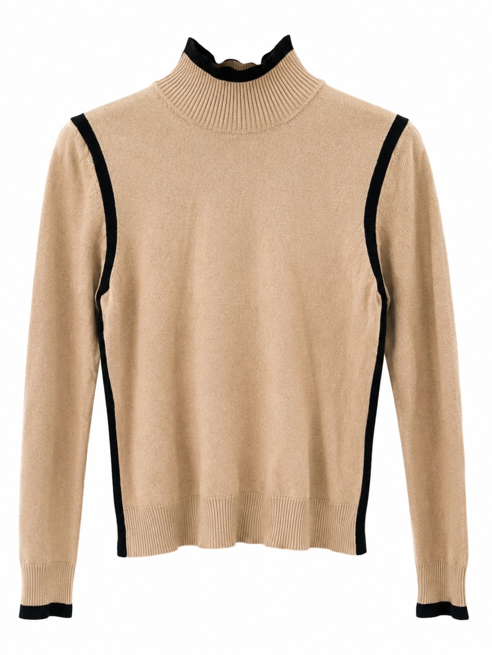 Vintage Tan & Black Contrast Trim Lightweight Mock Neck Turtleneck Sweater M